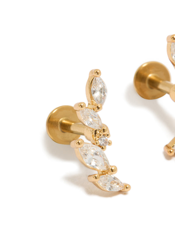 Beautifully crafted gold plated titanium cubic zirconia crawler stud earrings with flat back closure close up view