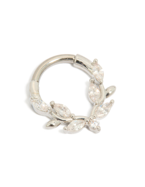 Showcasing a titanium cubic zirconia vine clicker ring in silver and clear stone hoop closure detail view