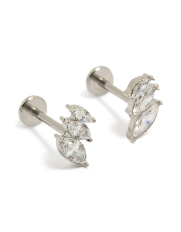Showcasing surgical steel triple marquise flat back studs featuring cubic zirconia stones in silver and clear front view