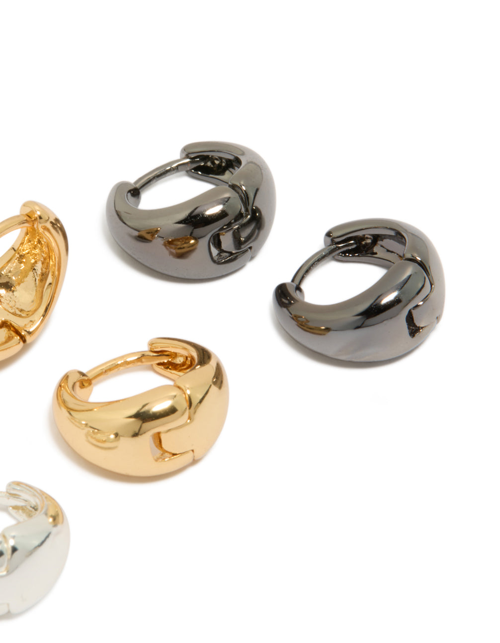 Designed with mixed metal small graduated huggie earrings in a 3-pack with silver plated and gold plated finishes post detail view