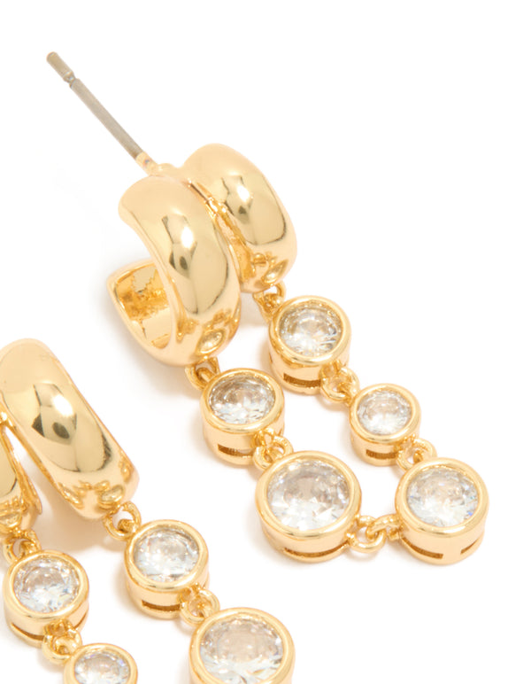 Crafted from gold plated material, these cubic zirconia bezel double hoop drop earrings feature elegant design post detail view