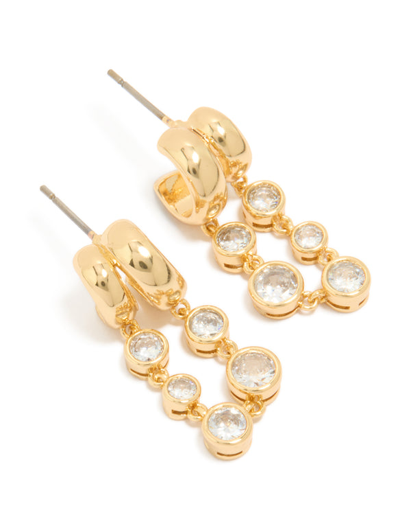 Showcasing these gold plated cubic zirconia bezel double hoop drop earrings with hoop closure in front view
