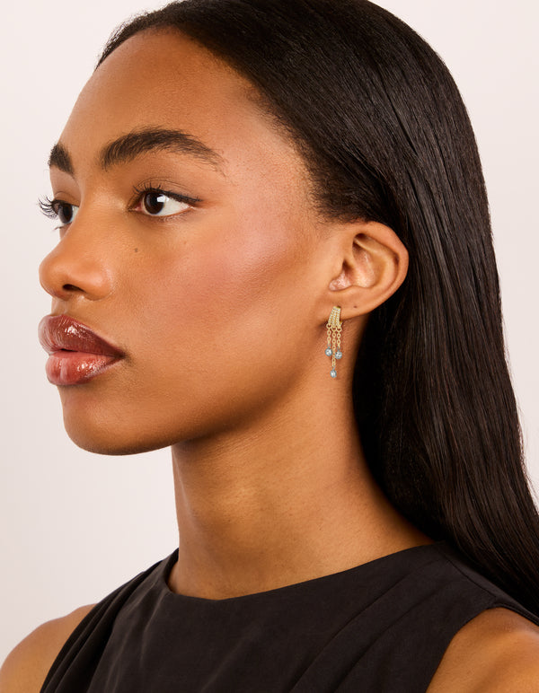 Elegantly crafted statement charm hoop closure earrings with cubic zirconia featuring illusion chain drop in mixed metal plated with gold, silver and clear stone on model view