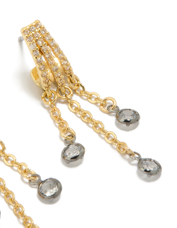 Intricately designed mixed metal plated cubic zirconia illusion hoop chain drop earrings with charm in statement style featuring gold, silver and clear stone close up view
