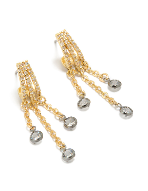 Beautifully designed statement charm hoop closure earrings featuring cubic zirconia in mixed metal plated with illusion chain drop in gold, silver and clear stone front view