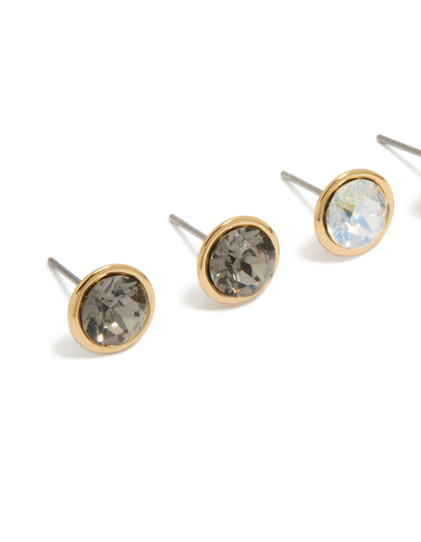 Crafted from gold plated material, these cubic zirconia circle stud earrings in a 3-pack feature crystal stones close up view