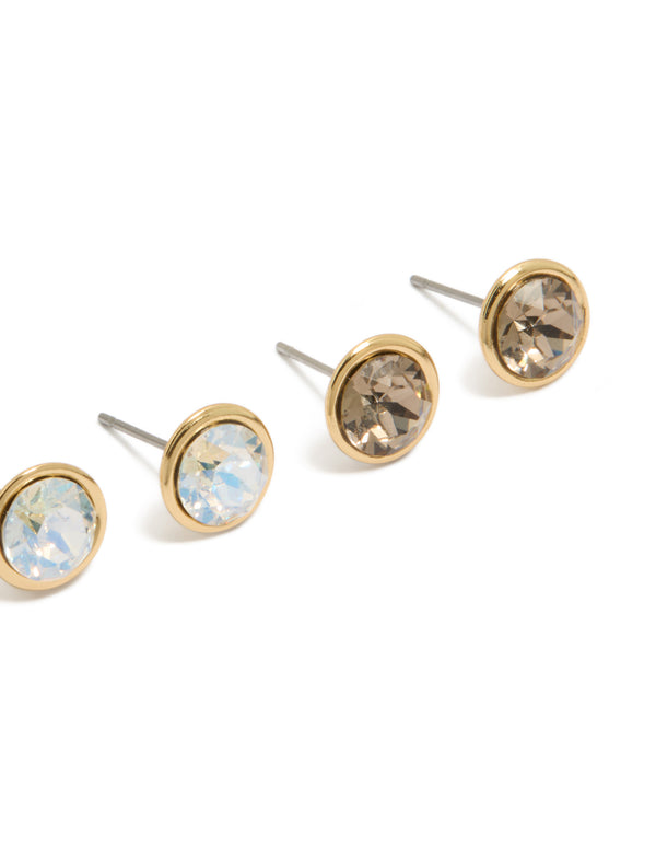 Designed with gold plated finish, these cubic zirconia circle stud earrings showcase crystal details in a 3-pack post detail view