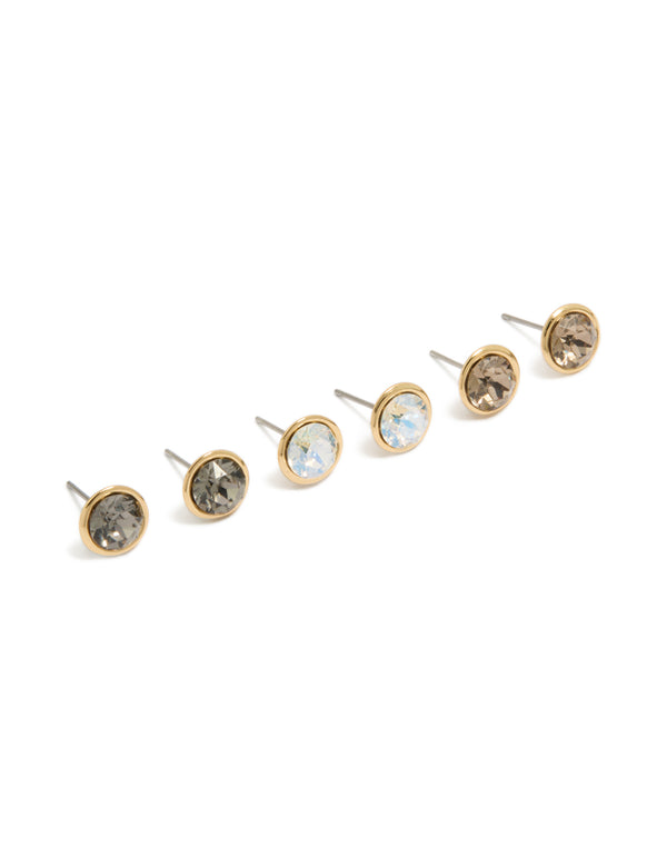 Showcasing gold plated cubic zirconia circle stud earrings in a 3-pack with crystal accents front view