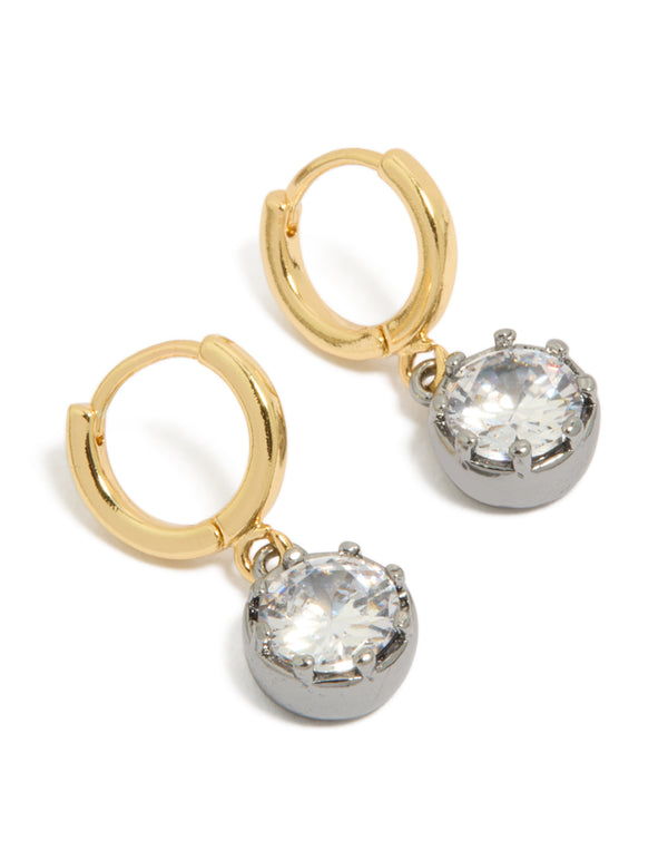 Showcasing mixed metal plated cubic zirconia huggie drop earrings with hoop closure in silver and gold front view