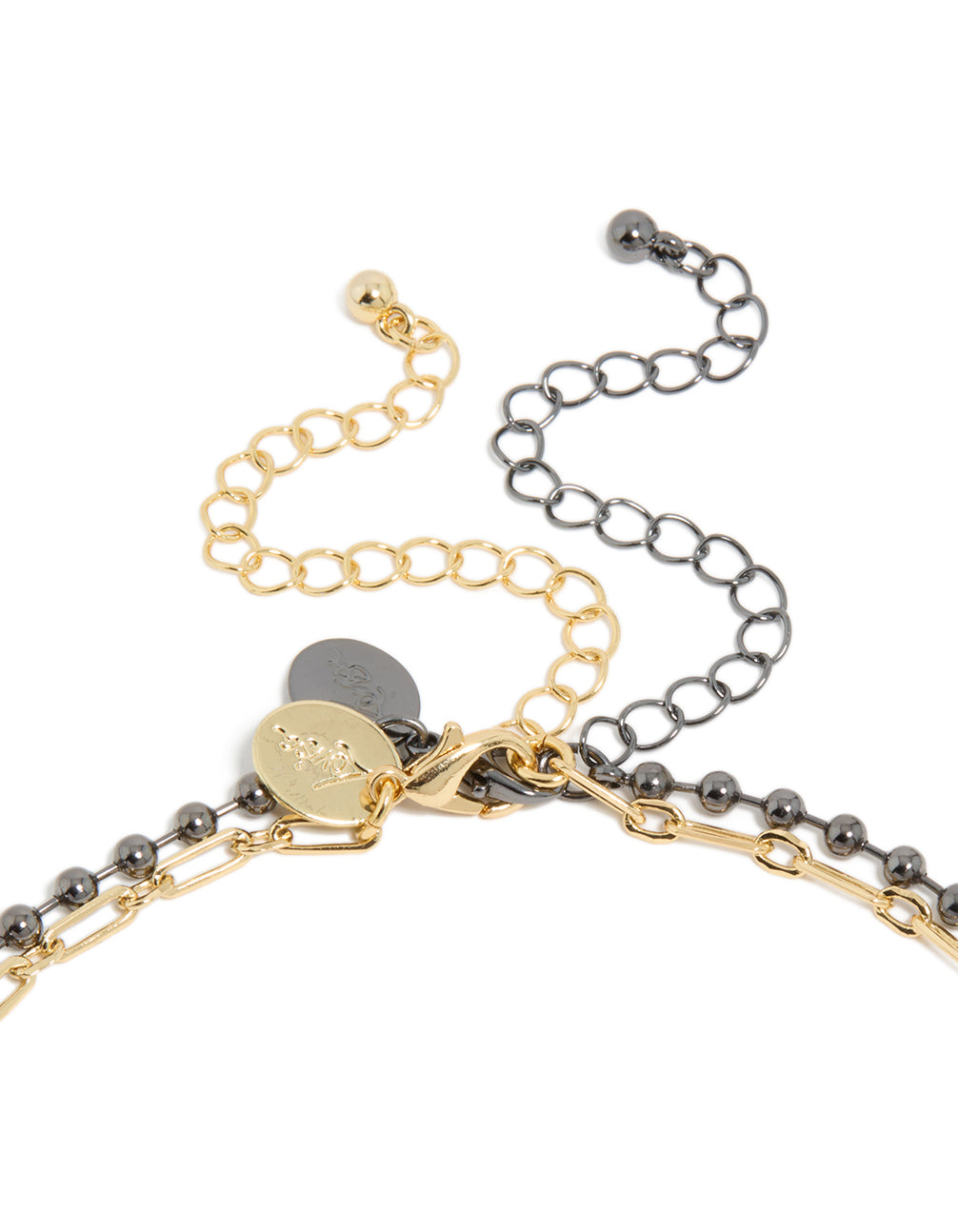 Shop mixed metal plated cubic zirconia teardrop and cluster layered necklace designed with balls and crystal in gold clasp detail view