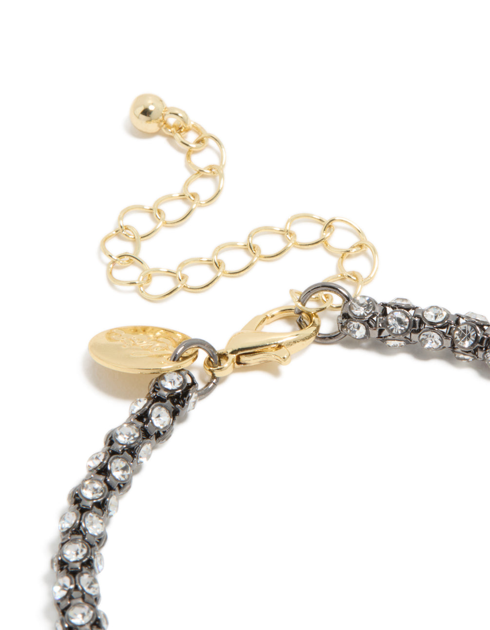 Detailed mixed metal plated diamante fireball chain bracelet featuring cubic zirconia in silver and gold closure detail view