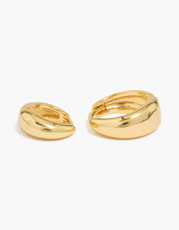 Designed with small and medium oval huggie earrings in gold plated statement 2-pack close up view