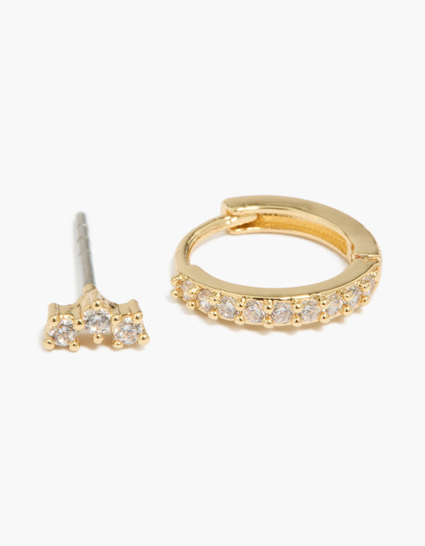 Featuring mini cubic zirconia stud and huggie earrings in a 2-pack with gold plated detail close up view