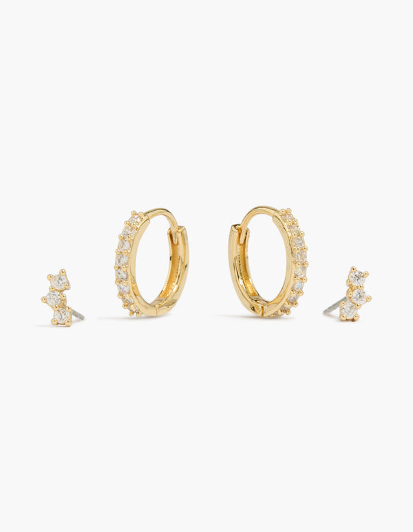 Discover mini cubic zirconia stud and huggie earrings in a 2-pack crafted from gold plated material front view