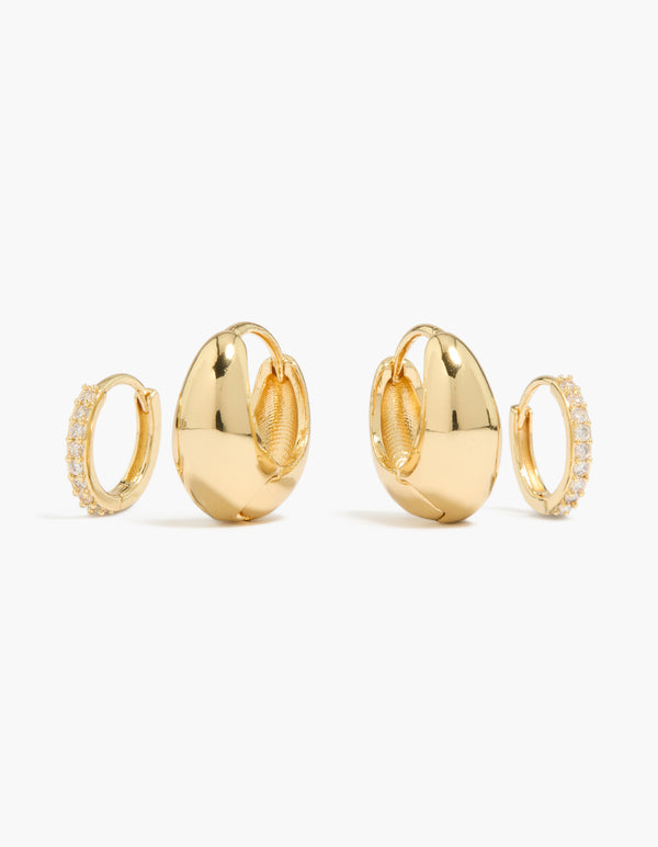 Showcasing gold plated cubic zirconia and oval huggie earrings in a 2-pack front view