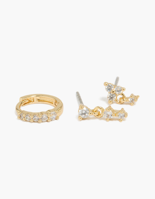 Designed with gold plated cubic zirconia mini huggie and drop earrings 3-pack in huggie closure close up view
