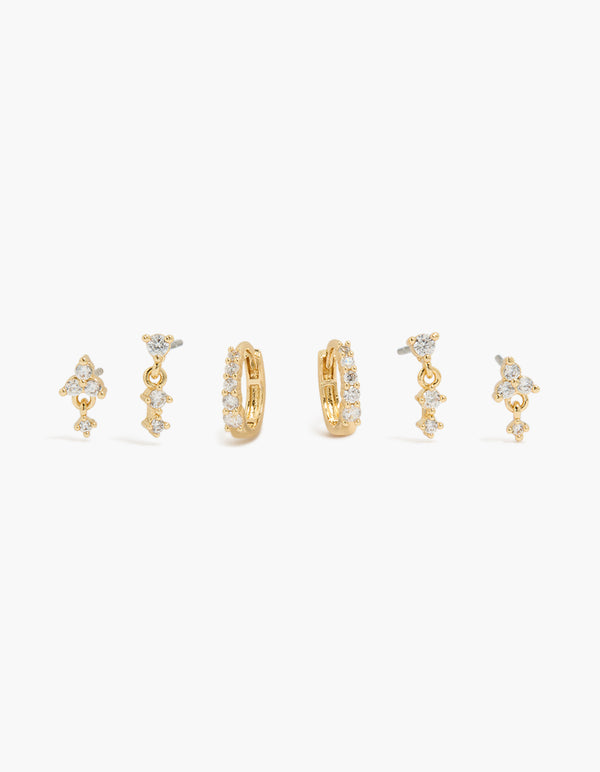 Showcasing gold plated cubic zirconia mini huggie and drop earrings 3-pack in huggie closure front view
