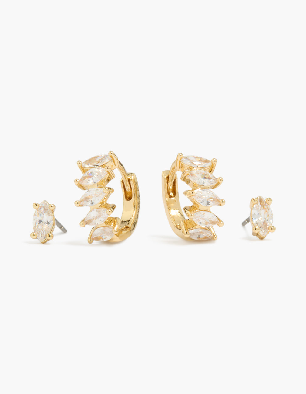 Showcasing this gold plated marquise cubic zirconia huggie and stud earrings 2-pack in a front view