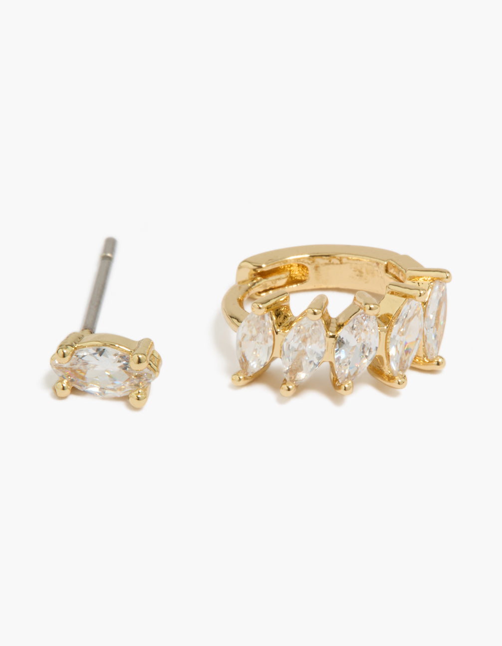 Detailed view of gold plated marquise cubic zirconia huggie and stud earrings 2-pack highlighting closure post detail view