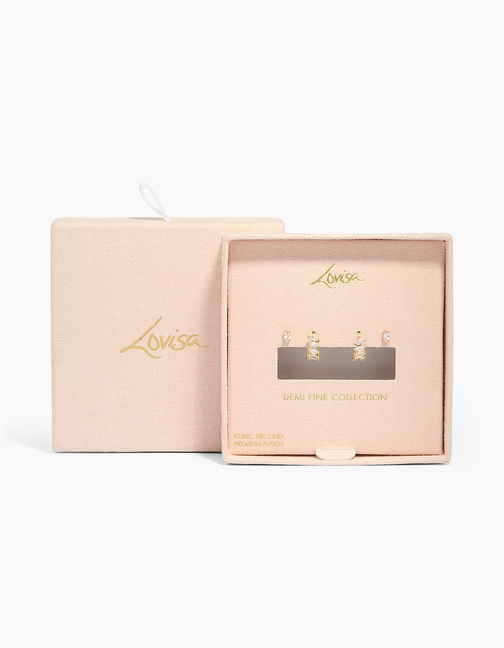 Gold plated marquise cubic zirconia huggie and stud earrings 2-pack presented in packaging close up view