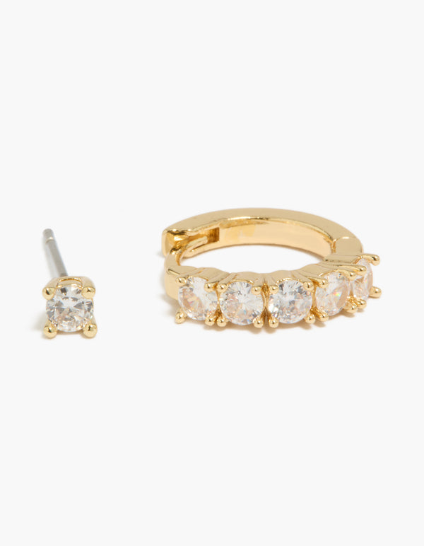 Designed with gold plated cubic zirconia huggie and stud earrings 2-pack close up view
