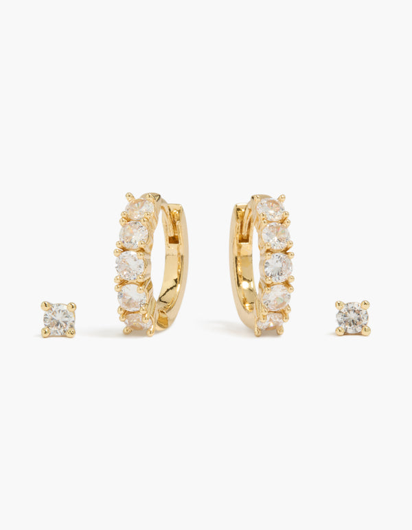 Showcasing gold plated cubic zirconia huggie and stud earrings in a 2-pack front view