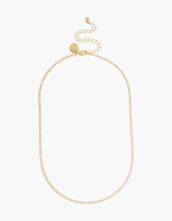 Detailed view of gold plated tiny cubic zirconias tennis necklace with clasp detail view