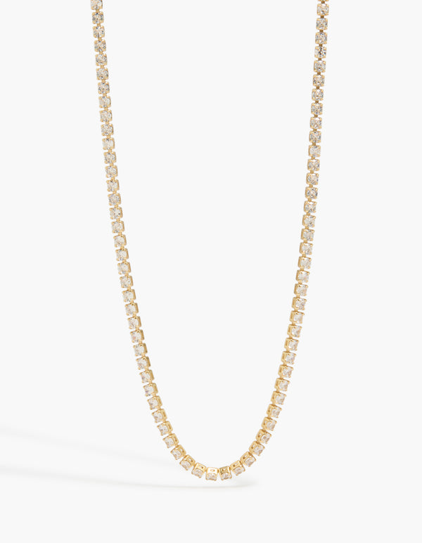Elegantly designed gold plated tiny cubic zirconias tennis necklace front view