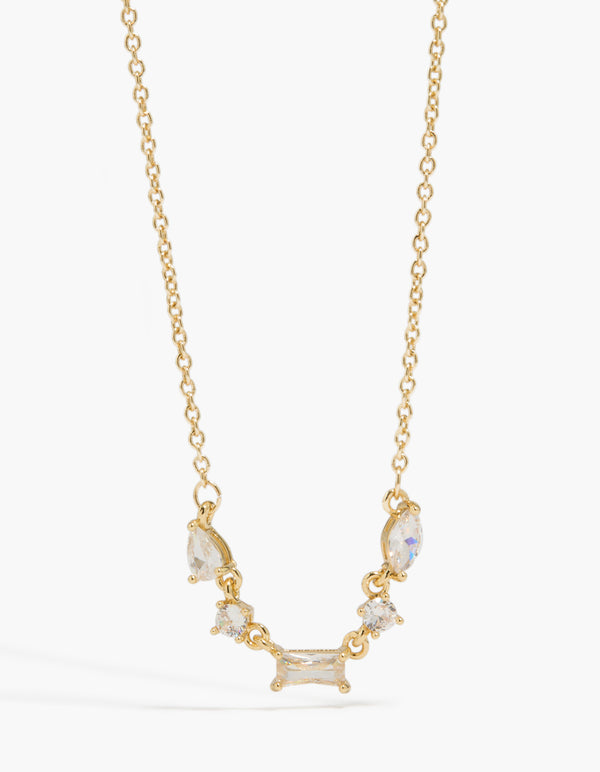 Explore this gold plated necklace featuring mixed shaped cubic zirconia front view