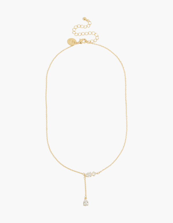 Presenting a gold plated cubic zirconia trio Y-necklace with front view