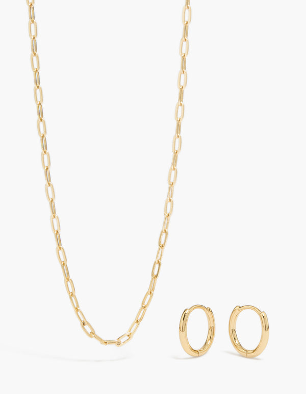 Gold Plain Chain & Huggie Earrings Set