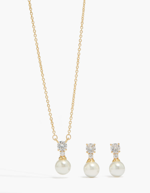 Gold Plated Cubic Zirconia Pearl Necklace & Earrings Set