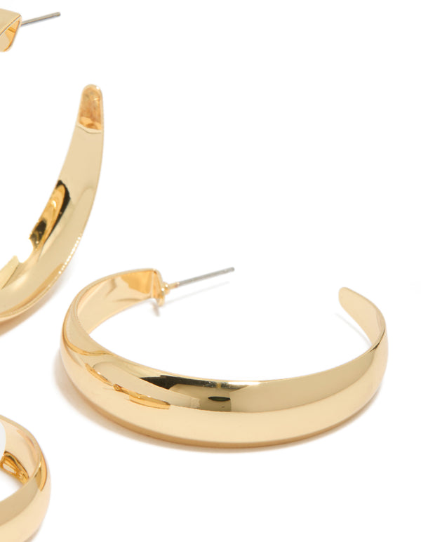 Featuring gold plated medium and large hoop earrings in a 2-pack post detail view