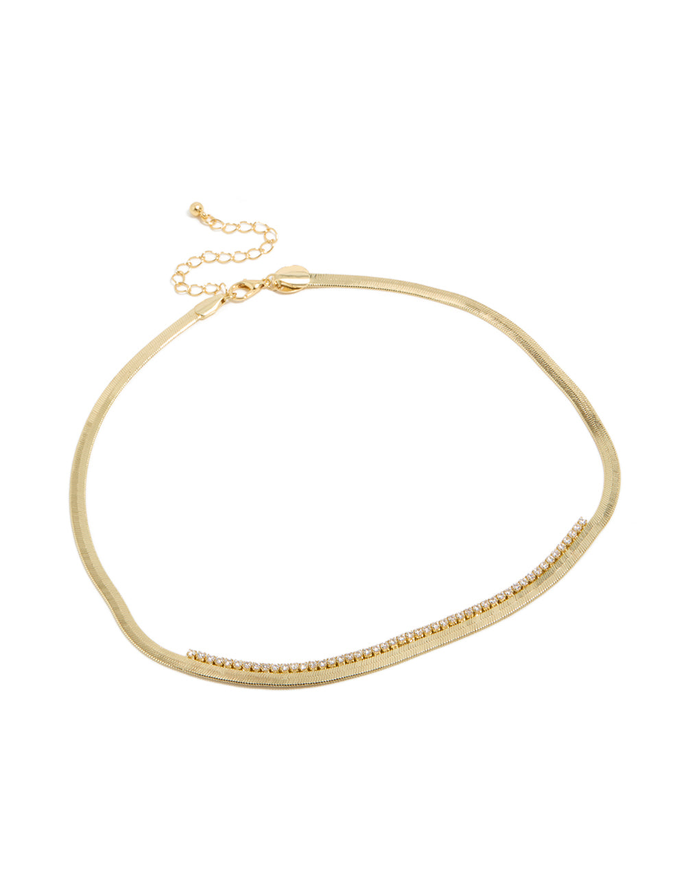 Stunning gold plated cubic zirconia necklace with snake chain in statement style front view
