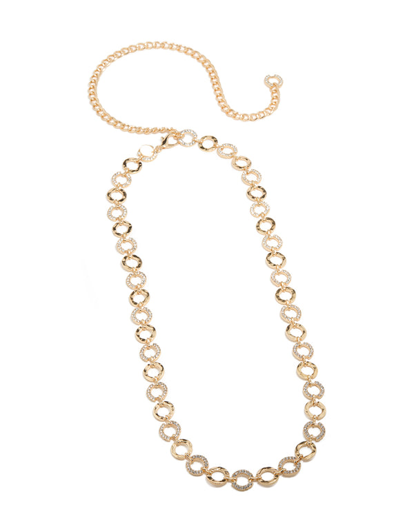 Discover a gold mini diamante and molten circle belt featuring embellished waisted statement styling front view