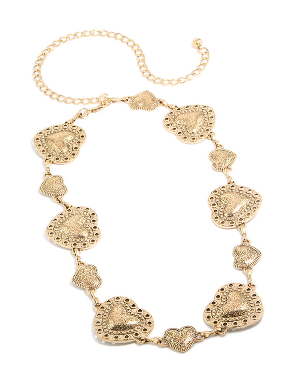 Crafted with embellished waisted heart design in statement antique gold western belt front view