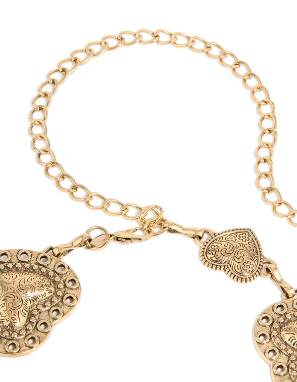 Featuring embellished waisted heart in statement antique gold western belt side view