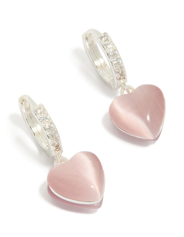 Showcasing dainty hoop earrings with heart drop, crafted from silver plated cubic zirconia in light pink front view