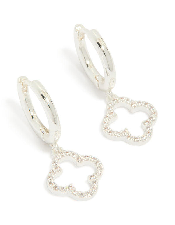 Showcasing silver plated cubic zirconia flower huggie drop earrings in dainty style front view