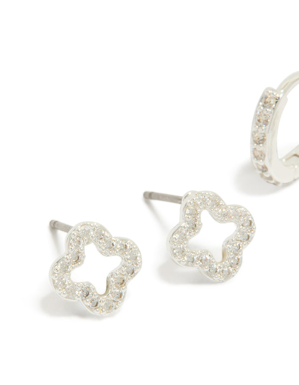 Crafted with silver plated cubic zirconia flower stud and huggie earrings 2-pack close up view