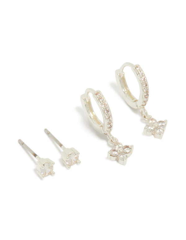Featuring silver plated cubic zirconia studs and flower huggie earrings in a 2-pack front view