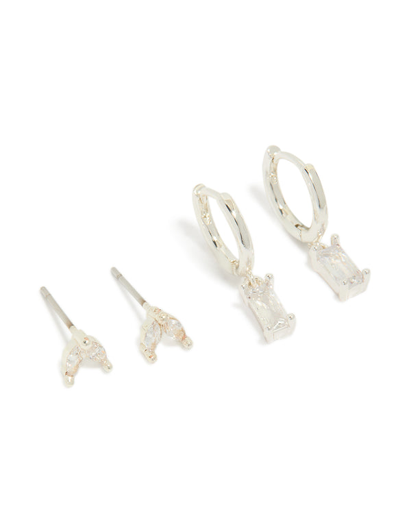 Showcasing dainty leaf studs with baguette huggie earrings in a 2-pack featuring cubic zirconia and silver plated finish front view