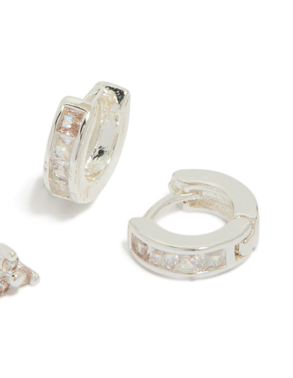 Displaying silver plated cubic zirconia trio stud and huggie earrings in a 2-pack post detail view