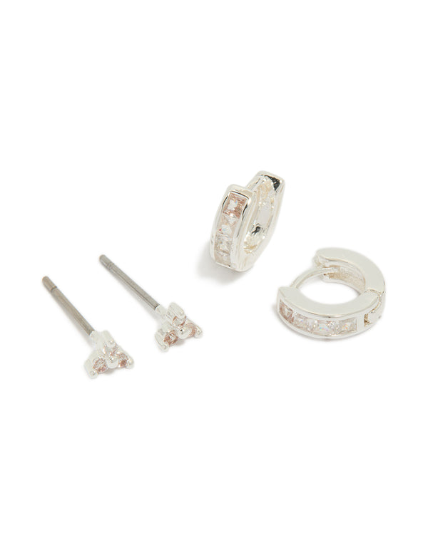 Featuring silver plated cubic zirconia trio stud and huggie earrings in a 2-pack front view
