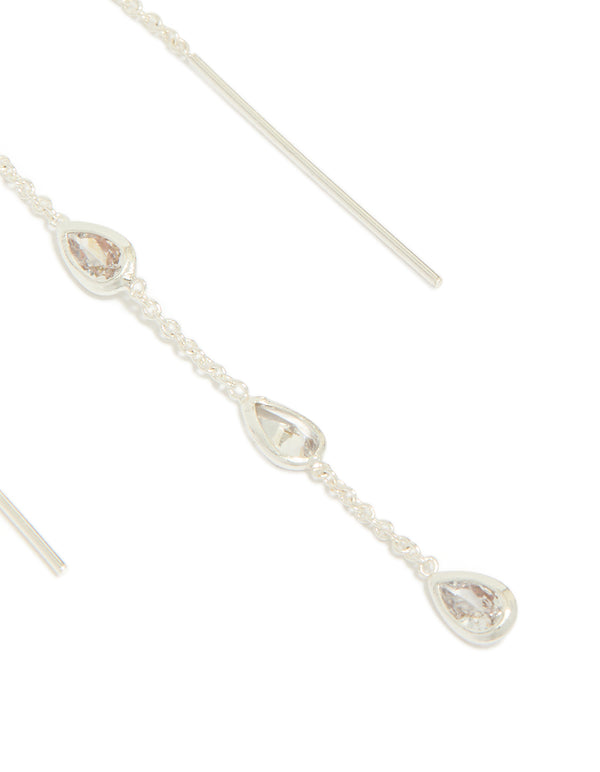 Silver Plated Station Pear Cubic Zirconia Threader Earrings