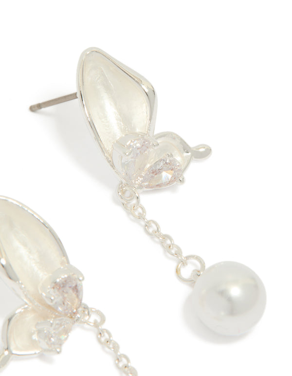 Highlighting silver plated enamel butterfly pearl drop earrings with post detail and clasp mechanism view