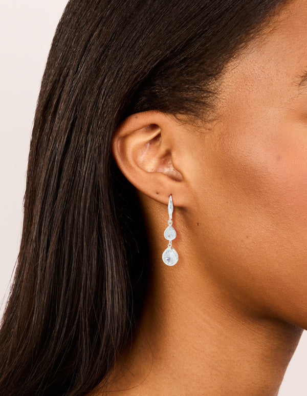 Discover silver plated double teardrop hook earrings with clear cubic zirconia on ear view