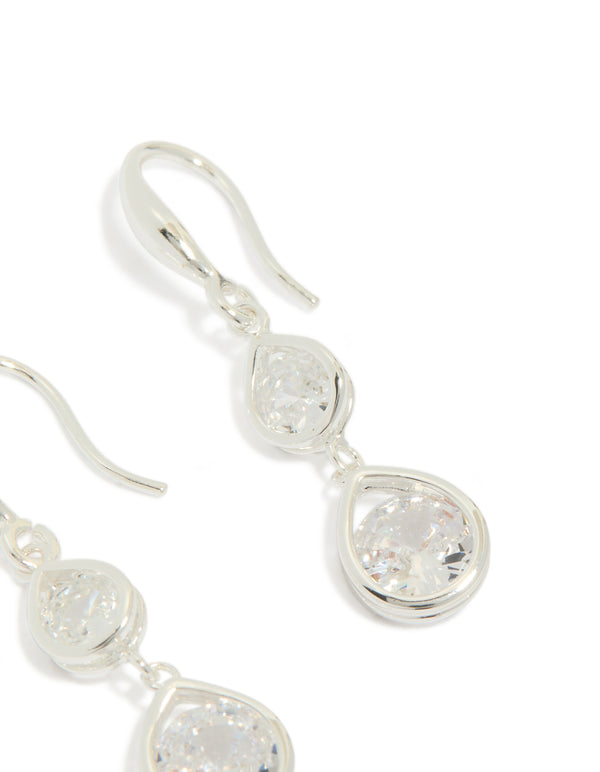 Silver Plated Double Teardrop Cubic Zirconia Hook Earrings