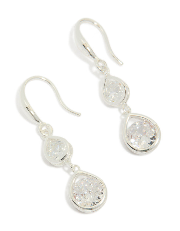 Showcasing silver plated double teardrop hook earrings featuring clear cubic zirconia front view
