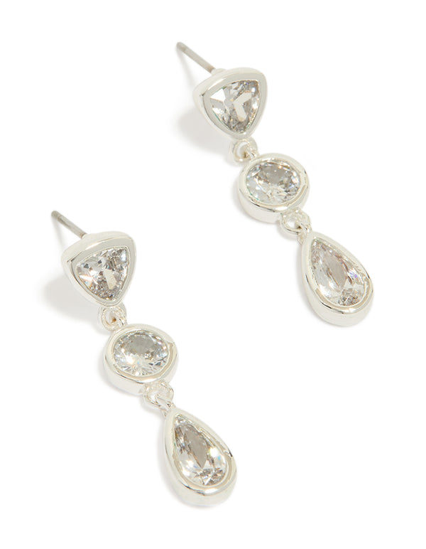 Showcasing silver plated cubic zirconia organic circles triple drop earrings front view